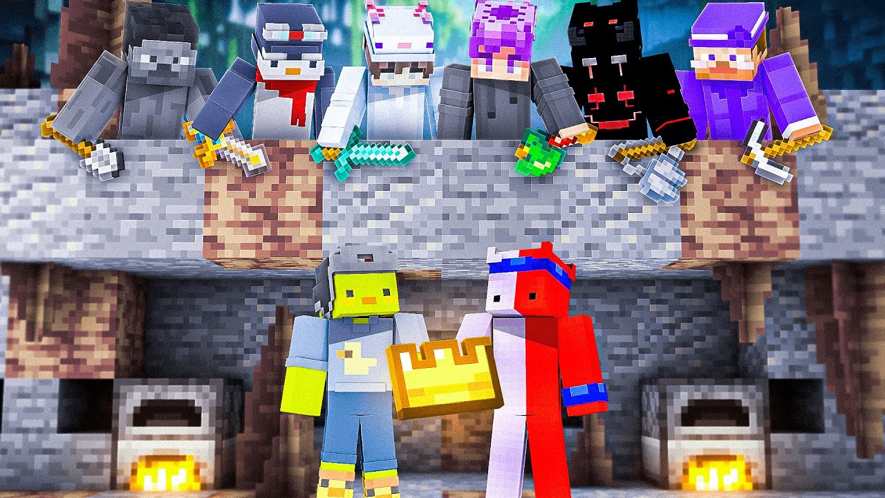 Minecraft-style fantasy landscape with floating islands, lush green trees, and a central stone and wood building with a glowing beacon. The sky is warm and dramatic, suggesting sunset. The scene feels adventurous and magical. No visible text in the image.